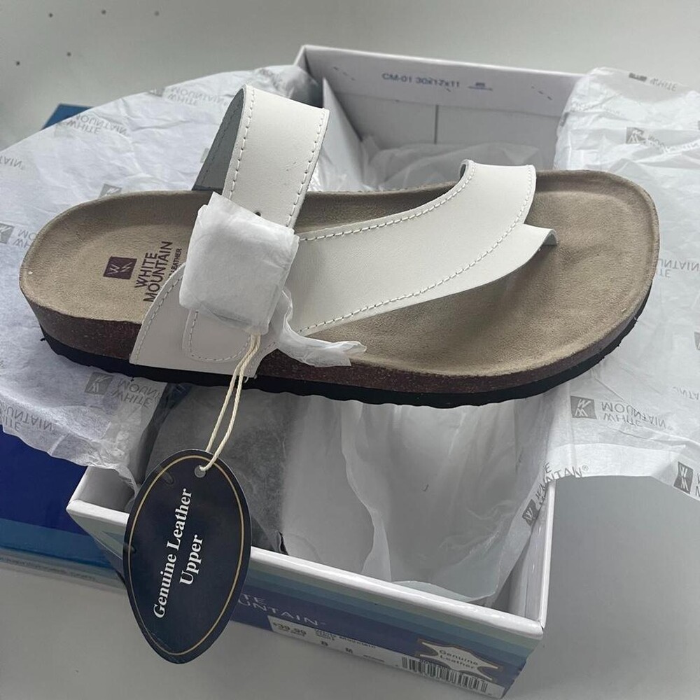 White Mountain Carly White Leather Birkenstock Sandals with Soft Footbed